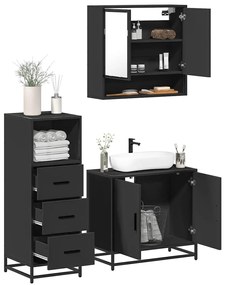 vidaXL Set mobilier de baie, 3 piese, negru, lemn compozit