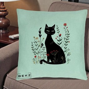 Perna Decorativa Pisica Neagra Botanica Rosu-Gri, 40x40 cm, Verde Menta, Husa Detasabila, Perna Inclusa, BEKZ®