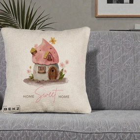 Perna Decorativa Home Sweet Home Casuta, 40x40 cm, Bej Canapea, Husa Detasabila, Perna Inclusa, BEKZ®