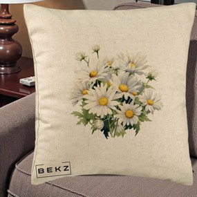 Perna Decorativa Buchet Margarete Albe Acuarela, 40x40 cm, Bej, Husa Detasabila, Perna Inclusa, BEKZ®