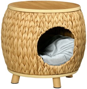 Peșteră pentru pisici Pawhut din Iarbă de Apă, Pernă lavabilă, 44 cm x 43 cm x 42 cm Maro deschis + Lemn natural + Gri | Aosom Romania