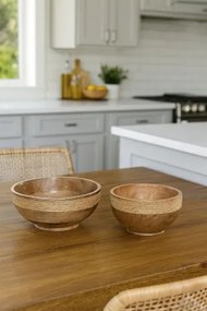 Set 2 boluri Cottage natural maro din lemn de mango cu structură din frânghie, "Rovena"