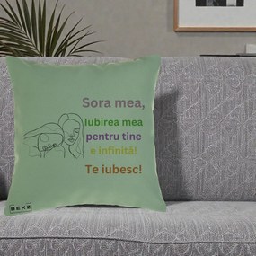Cadou pentru Sora - Perna Personalizata Sora Mea Te Iubesc Line Art Fete Colorate Brate Ridicate, 40x40 cm, Verde, Husa Detasabila, Perna Inclusa, BEKZ®