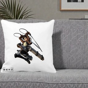 Perna Personalizata Attack on Titan Eren Yeager Lupta, 40x40 cm, Alba Mata, Husa Detasabila, Perna Inclusa, BEKZ®