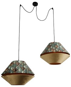 Lampă suspendată neagră cu abajur dublu de catifea, design cu frunze și bej, cu 2 lumini - Cava Luxe