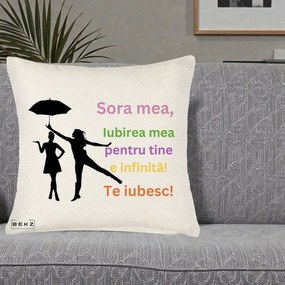 Cadou pentru Sora - Perna Personalizata Sora Mea Te Iubesc Siluete Colorate Umbrela, 40x40 cm, Crem Reliefat, Husa Detasabila, Perna Inclusa, BEKZ®