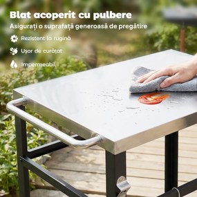 Outsunny Troller pentru Grătar de Exterior cu Blat din Oțel Inoxidabil, 4 Cârlige, Mâner și Roți Blocabile, Negru | Aosom Romania