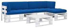 Set mobilier paleti cu perne, 4 piese, alb, lemn de pin tratat Albastru regal, 2x colt + suport pentru picioare + masa, Alb, 1