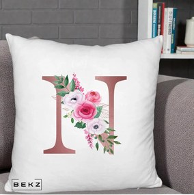 Cadou Personalizat - Perna Personalizata Monograma Rose Gold Litera N, 40x40 cm, Alb Pufos, Husa Detasabila, Perna Inclusa, BEKZ®