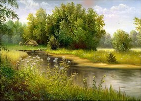 Tablou pe sticlă - Râu lângă pădure, pictură în ulei (70x50 cm)