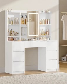 SEA4 - Set Masa toaleta 108 cm, 7 Sertare, rafturi, Oglinda cu LED, Organizator Bijuterii, masuta vanity, make-up - Alb