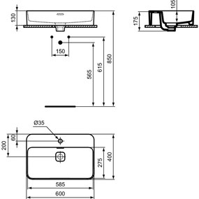 Lavoar pe blat alb 60 cm, dreptunghiular, cu orificiu baterie, Ideal Standard Strada II