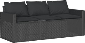 vidaXL Canapea de grădină cu perne, 3 locuri, negru, poliratan