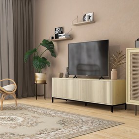 HOMCOM Mobilier banc TV, banc TV până la 65 de inci, 3 dulapuri, 2 orificii pentru cabluri, cu rafturi reglabile - dim. 150L x 40D x 51H cm | Aosom Romania