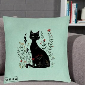 Perna Decorativa Pisica Neagra Botanica Rosu-Gri, 40x40 cm, Verde Menta, Husa Detasabila, Perna Inclusa, BEKZ®