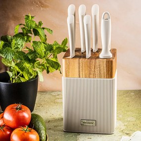 Set cuțite Klausberg KB 7984, 8 piese, Oțel inoxidabil, Ascuțitor, Mâner lemn de salcâm, Bej/lemn