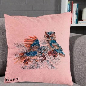 Perna Decorativa Bufnite de Iarna Albastre, 40x40 cm, Roz, Husa Detasabila, Perna Inclusa, BEKZ®