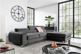 Colțar gri închis extensibil/cu spațiu de depozitare cu tapițerie din catifea (cu colț pe partea dreaptă/cu șezlong) Grayson – ELTAP