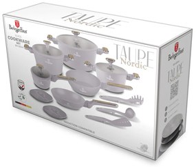 Set oale si tigai 15 piese Nordic Taupe Berlinger Haus BH 8344, gri, antiaderente, compatibile inductie