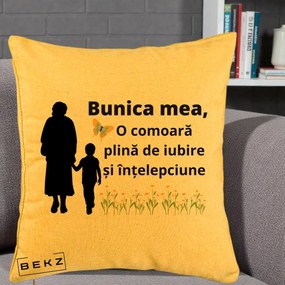 Cadou pentru Bunica - Perna Personalizata Bunica Mea Comoara cu Fluture si Baietel, 40x40 cm, Galben, Husa Detasabila, Perna Inclusa, BEKZ®