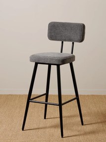 Scaun de bar tapițat din bumbac gri și fier negru, cu spătar dreptunghiular și suport pentru picioare, aspect stonewashed, 105 x 48 x 48 cm, „Fairfax”