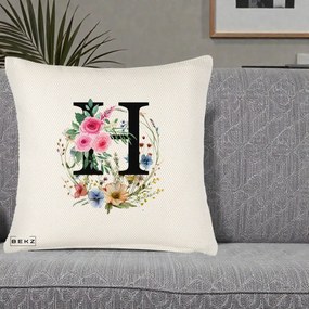 Cadou Personalizat - Perna Personalizata Monogram Litera H cu Flori Acuarela, 40x40 cm, Crem Reliefat, Husa Detasabila, Perna Inclusa, BEKZ®
