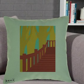 Perna Decorativa Scari Toamna Peisaj Grafic, 40x40 cm, Verde, Husa Detasabila, Perna Inclusa, BEKZ®