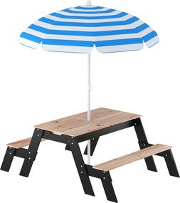 AIYAPLAY Masă de picnic pentru copii cu parasolar, set de grădină din lemn 3 în 1 pentru copii 3-6 ani cu 2 cutii, natural | Aosom Romania