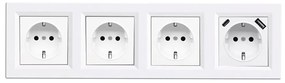 Priză Nova IV cu trei prize cu împământare și conector USB cu cadru alb