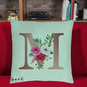 Cadou Personalizat - Perna Personalizata Monograma Rose Gold Litera M cu Trandafiri, 40x40 cm, Verde Menta, Husa Detasabila, Perna Inclusa, BEKZ®