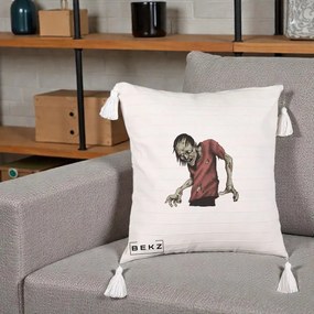Perna Decorativa Halloween Zombie Infricosator, 40x40 cm, Bej cu Franjuri, Husa Detasabila, Perna Inclusa, BEKZ®