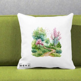 Perna Decorativa Gradina Primavara Acuarela, 40x40 cm, Alba Mata, Husa Detasabila, Perna Inclusa, BEKZ®