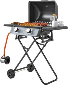 Outsunny Barbecue pe Gaz 2 Arzătoare, 2 Rafturi, Capac și Termometru Negru | Aosom Romania