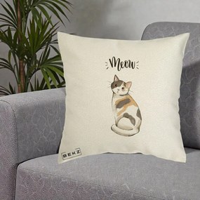 Perna Personalizata Pisica Meow Acuarela, 40x40 cm, Ecru, Husa Detasabila, Perna Inclusa, BEKZ®