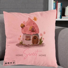 Perna Decorativa Home Sweet Home Casuta, 40x40 cm, Roz, Husa Detasabila, Perna Inclusa, BEKZ®