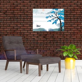 Tablou - Pictură, lac cu barcă (70x50 cm)