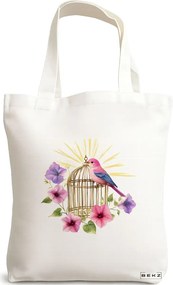 Sacosa de Panza pentru Cumparaturi, Geanta Tote, model Birdcage Blossom 38 x 34.5 cm, Alba, BEKZ®