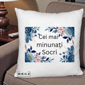 Cadou pentru Socri - Perna Personalizata Cei mai Minunati Socri cu Flori Albastre si Roz, 40x40 cm, Alb Pufos, Husa Detasabila, Perna Inclusa, BEKZ®