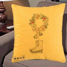 Perna Decorativa Patine cu Coroana Florala de Craciun, 40x40 cm, Galben, Husa Detasabila, Perna Inclusa, BEKZ®