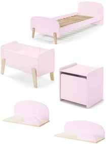 Set KIDDY în roz este format dintr-un Pat copii (90x200), noptieră, 2 rafturi de perete (45 și 65 cm) și o cutie de jucării.
