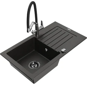Mexen Pablo chiuvetă de granit cu o cuvă și scurgător și baterie de bucătărie Duo, negru/auriu metalizat - 6510-75-671701-07-B