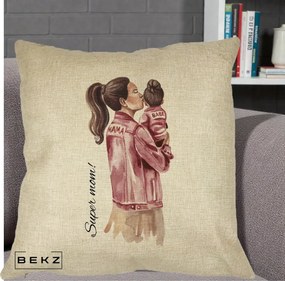 Cadou pentru Mama - Perna Personalizata Super Mom Jachete Roz, 40x40 cm, Crem, Husa Detasabila, Perna Inclusa, BEKZ®