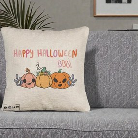 Perna Decorativa Happy Halloween Boo Trei Dovlecei Kawaii, 40x40 cm, Bej Canapea, Husa Detasabila, Perna Inclusa, BEKZ®