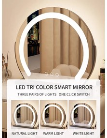 Set KARLA, Masă de toaletă pentru machiaj cu oglindă iluminată LED, control touch, 5 sertare, comoda, scaun tip boucle, Alb