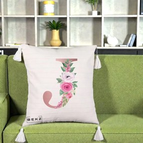 Cadou Personalizat - Perna Personalizata Monograma Rose Gold Litera J, 40x40 cm, Bej cu Franjuri, Husa Detasabila, Perna Inclusa, BEKZ®