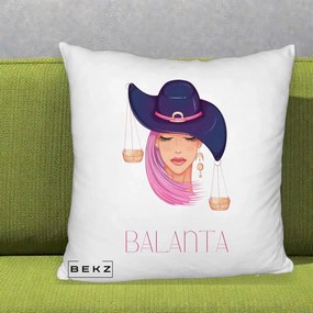 Perna Personalizata Zodiac Balanta Cowgirl, 40x40 cm, Alb Pufos, Husa Detasabila, Perna Inclusa, BEKZ®