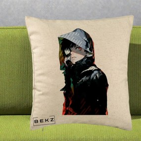 Perna Personalizata Tokyo Ghoul Ken Kaneki cu Masca si Gluga, 40x40 cm, Bej, Husa Detasabila, Perna Inclusa, BEKZ®