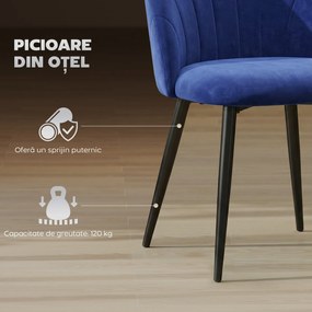 HOMCOM Set de 2 Scaune de Sufragerie din Catifea, Scaune de Bucătărie cu Spătar Curbat în Formă de Scoică, Picioare din Oțel, Stil Nordic, Scaune Capitonate pentru Bucătărie, Dormitor, Cameră de Zi, Albastru | Aosom Romania