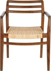 Scaun dining cu brațe din lemn de tec, maro, spătar cu bare orizontale și șezut împletit, finisaj natural, 86 x 58 x 50 cm, „Solène”