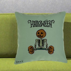 Perna Decorativa Halloween Schelet cu Cap de Dovleac Powerlifting, 40x40 cm, Verde, Husa Detasabila, Perna Inclusa, BEKZ®